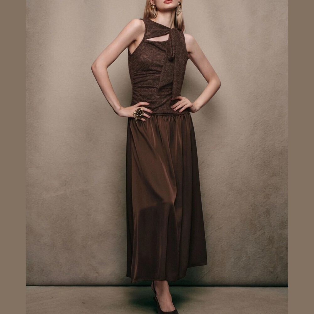 Brown Textured Bodice Cutout Tie Neck Satin Skirt Maxi Dress